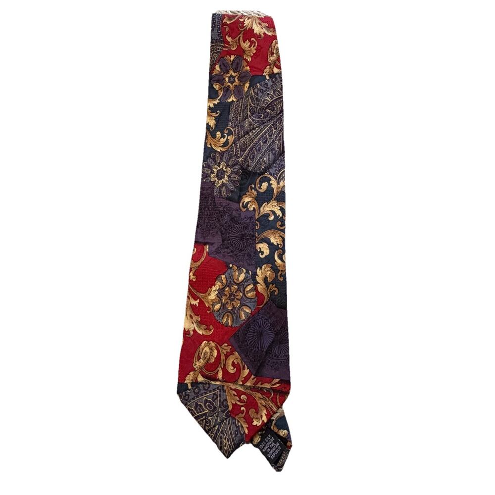 Mezzano Men's Necktie Burgundy Gold Paisley 100% Silk Sandwashed Handmade Tie